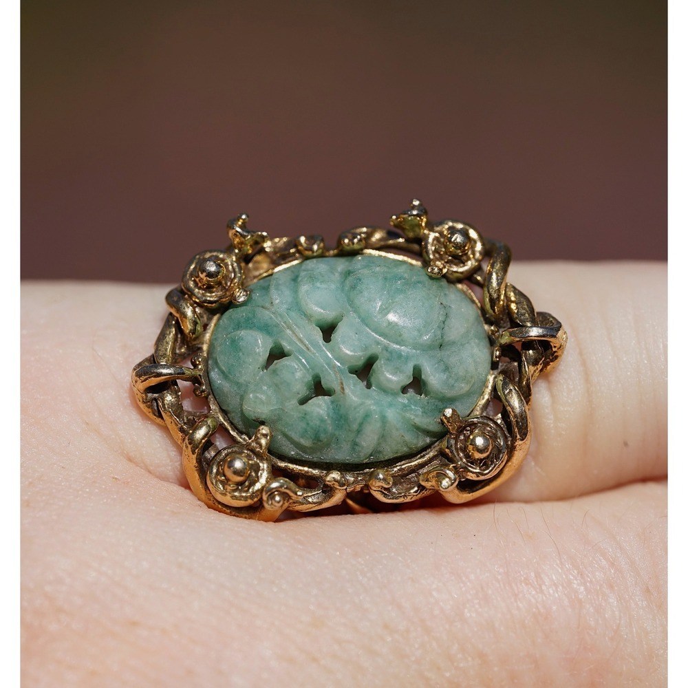 Antique 14k Solid Yellow Gold Natural Jadite Jade Bamboo Flower Ring - Engraved